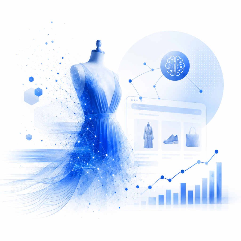 Illustration symbolique de la personnalisation IA e-commerce appliquée aux sites mode et habillement