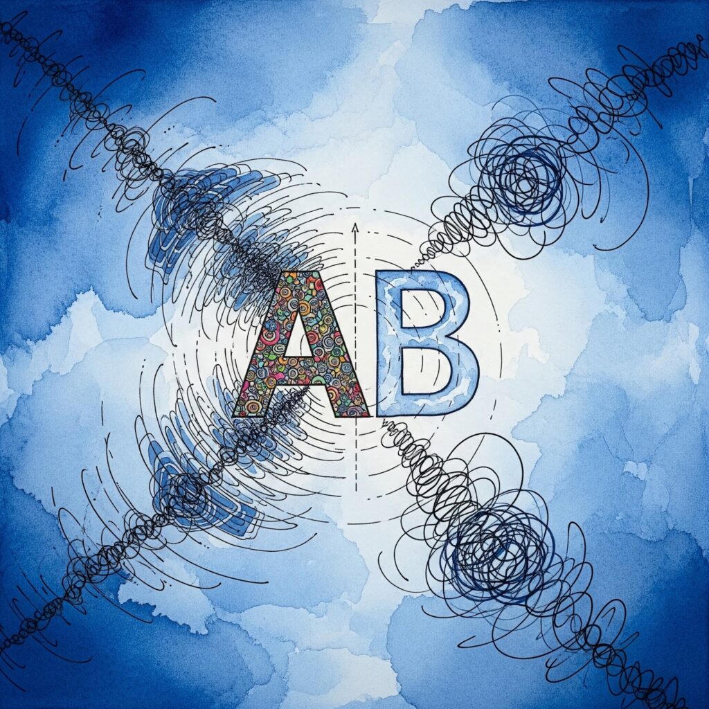 Illustration aquarelle d’un A/B test e-commerce : lettres A et B séparées, entourées de turbulences et de boucles, symbolisant des effets qui dérivent et se “contaminent”.