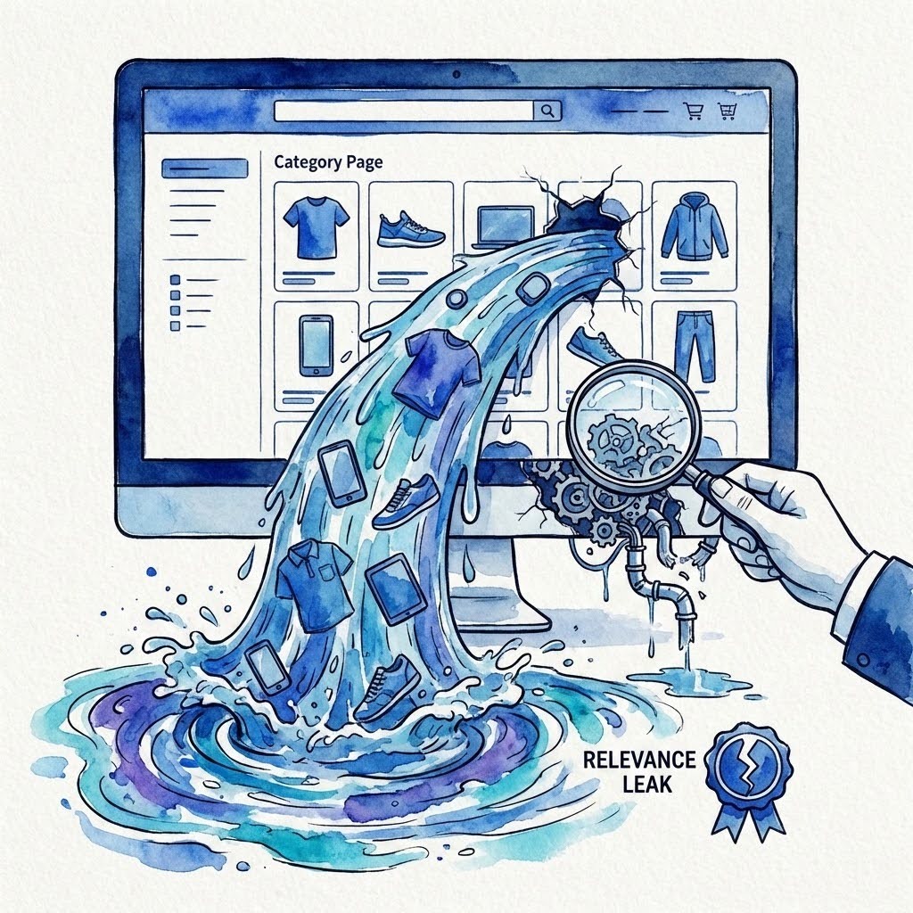 Illustration aquarelle d’une page catégorie e-commerce présentant une fuite de pertinence, avec des produits qui s’échappent de l’écran et une loupe analysant des mécanismes internes, symbolisant un audit de performance des listes produits.