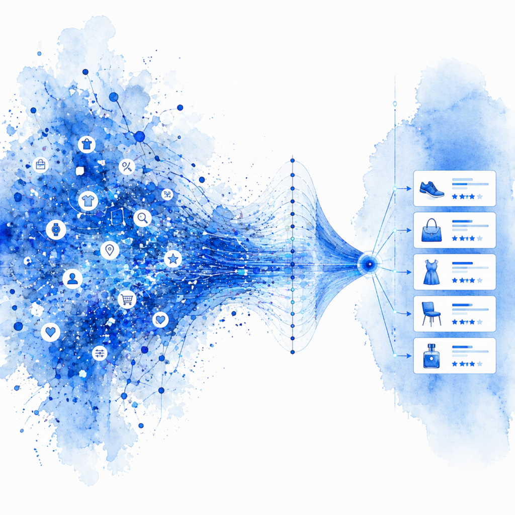 Illustration abstraite en aquarelle montrant un flux de données et de signaux utilisateurs convergeant vers une sélection de produits e-commerce, symbolisant le passage du clic à la décision d’achat dans un système de recommandation.