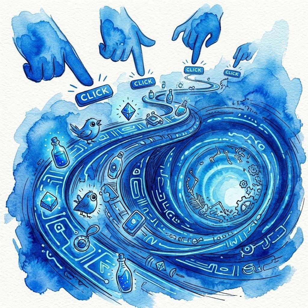 Illustration en aquarelle bleue représentant plusieurs mains cliquant sur des boutons, menant à un tunnel visuel symbolisant un parcours utilisateur attiré par le clic mais détourné de l’achat.