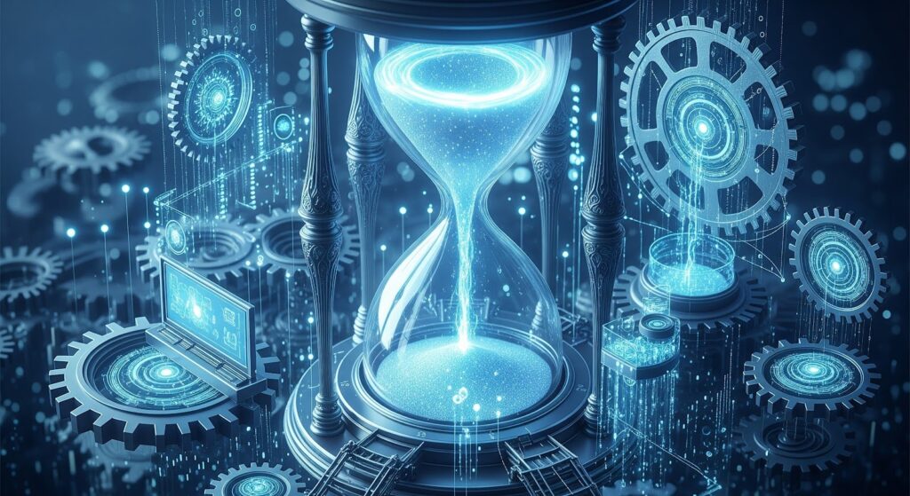 Sablier digital futuriste entouré d’engrenages lumineux et d’écrans holographiques, symbolisant la rareté et la gestion du capital d’attention client en e-commerce.