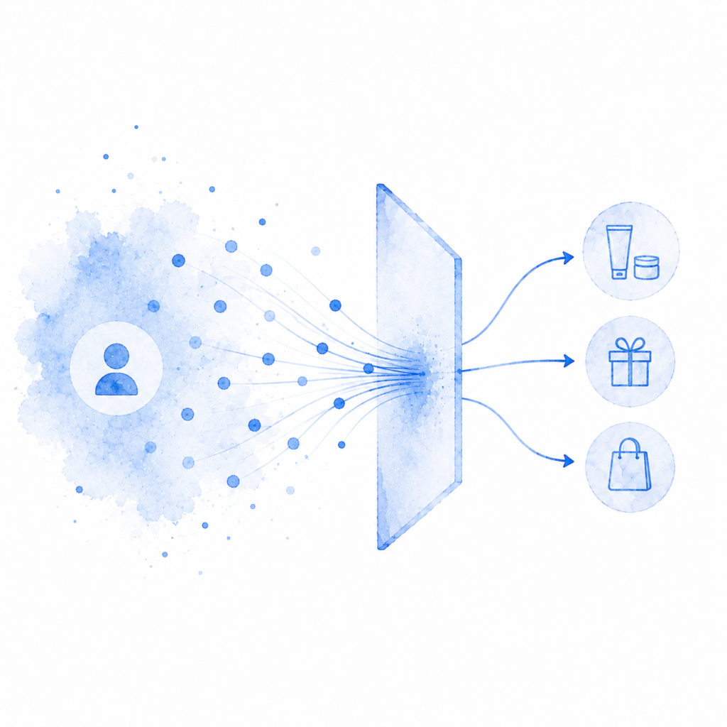 Personnalisation e-commerce beauté combinant données clients, curation merchandising et adaptation du ranking produit selon l'intention d'achat.