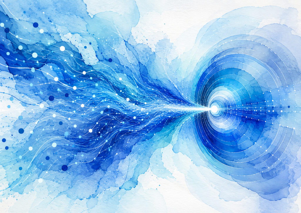 Illustration abstraite de signaux convergeant vers une décision en temps réel, symbolisant la réduction du coût cloud de la personnalisation e-commerce avec NetUp.
