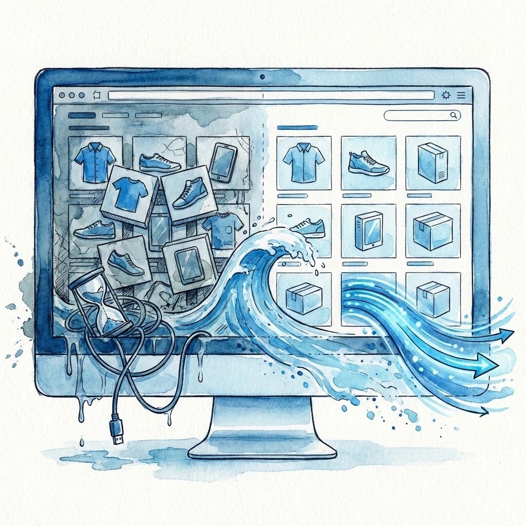 Illustration d’une page catégorie e-commerce submergée par des produits désorganisés, symbolisant une perte de performance PLP e-commerce