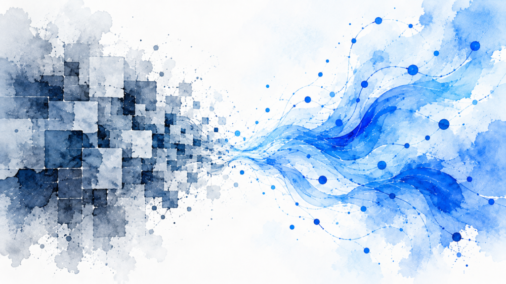 IA prédictive vs IA NetUp : aquarelle opposant une structure grise rigide à des flux bleus fluides symbolisant NetUp.