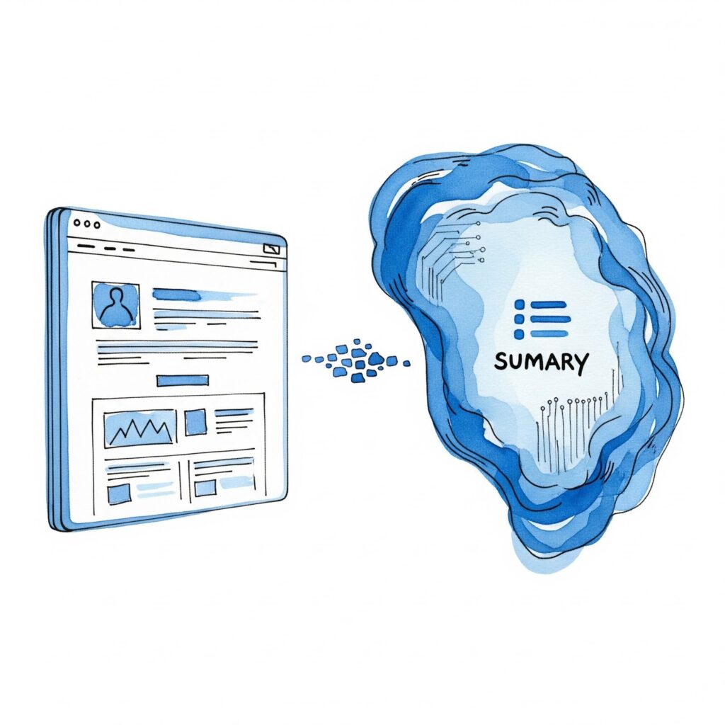 Illustration d’un site web transformé en résumé par un agent IA e-commerce : une page se “compresse” en une synthèse (“SUMMARY”) via un flux de données.