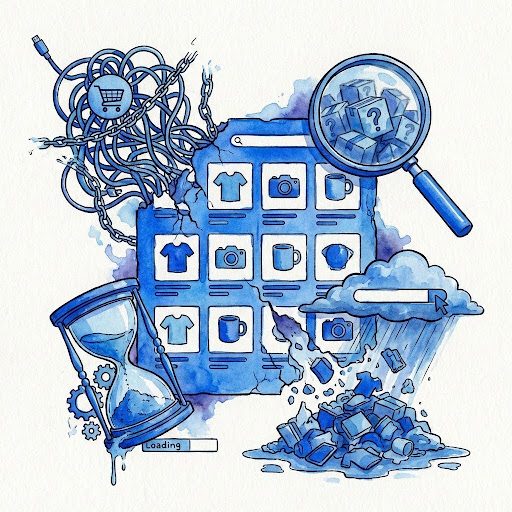 Illustration d’une liste produits e-commerce désorganisée, avec tri, filtres et catalogue brouillés, pour illustrer l’optimisation listes produits.