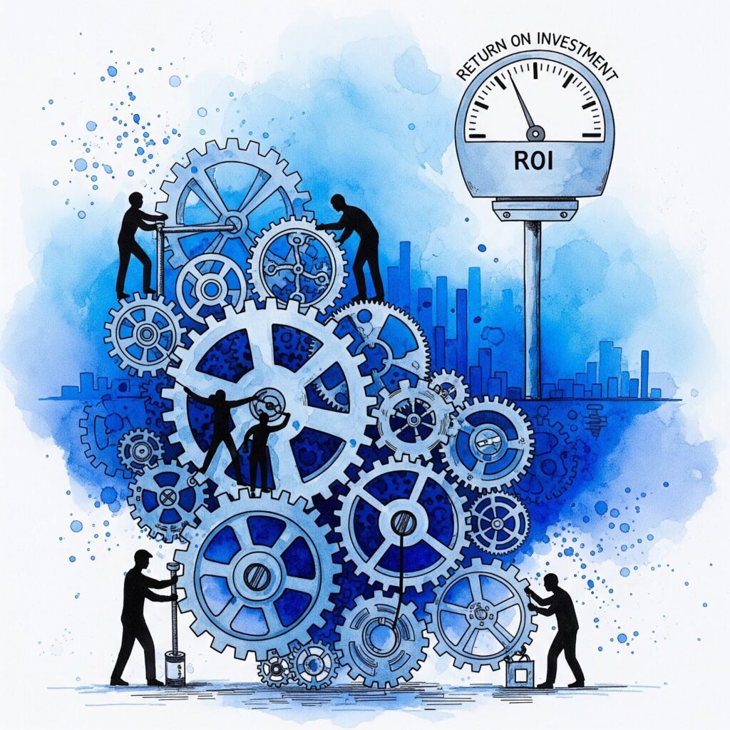 Illustration d’équipes e-commerce actionnant des engrenages tandis qu’une jauge affiche le ROI e-commerce, symbolisant des optimisations multiples sans preuve causale claire.