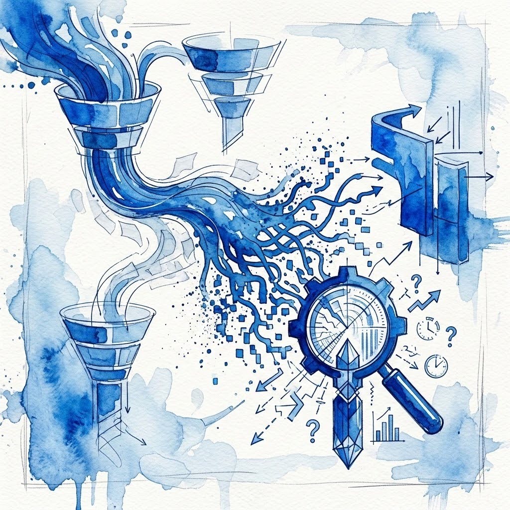 Illustration en aquarelle bleue montrant un flux de données filtré et analysé, symbole d’un test de page catégorie e-commerce visant à repérer les pertes de pertinence et les freins à la conversion.