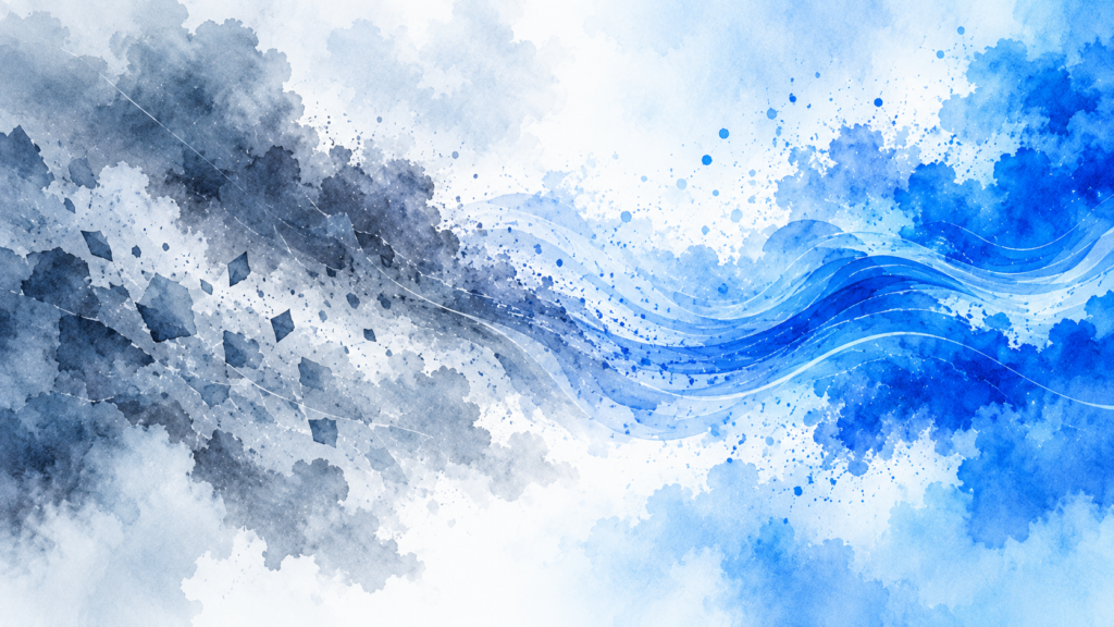 IA prédictive vs IA NetUp : aquarelle opposant des nuages gris orageux à des flux bleus illustrant l'adaptation aux changements météo.