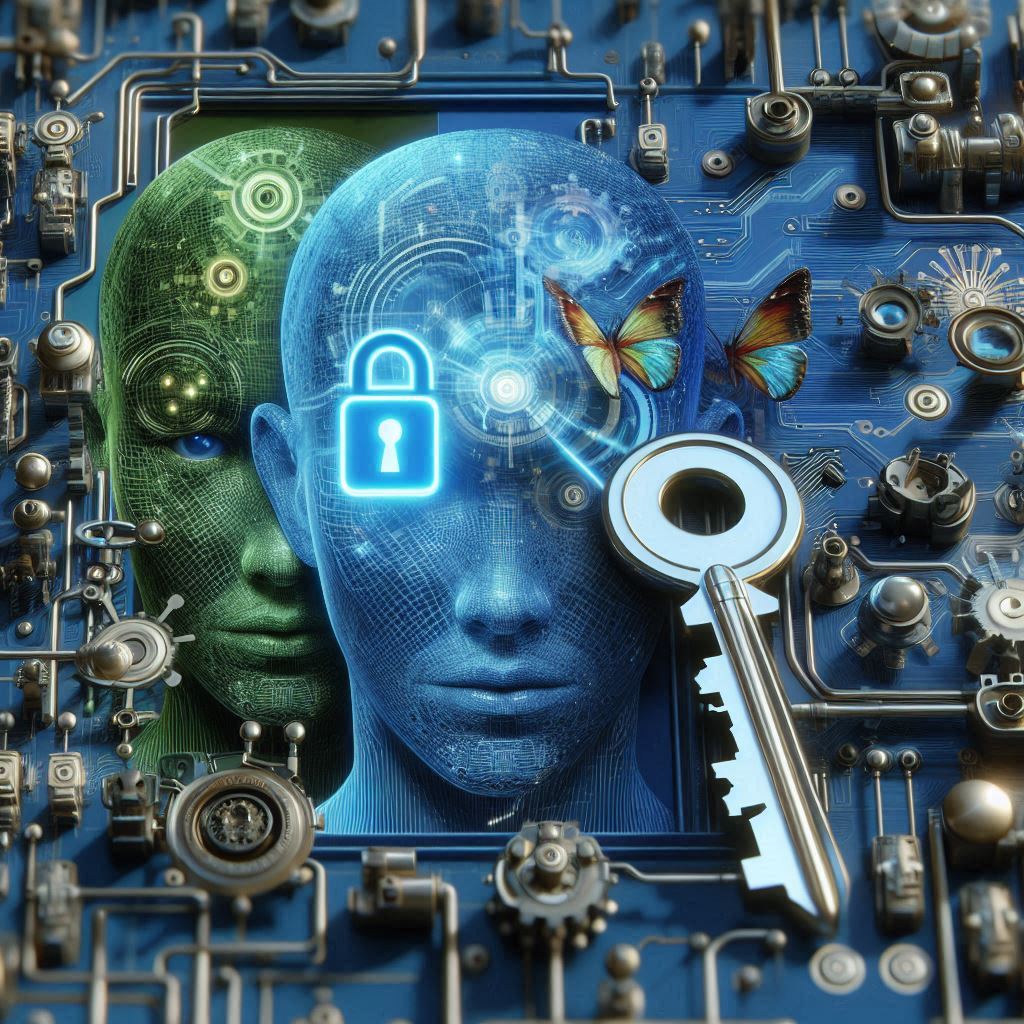 Illustration conceptuelle de l’intelligence artificielle : deux visages numériques reliés à des circuits électroniques, avec cadenas, clé et papillons symbolisant la perception située et la personnalisation intelligente en e-commerce.