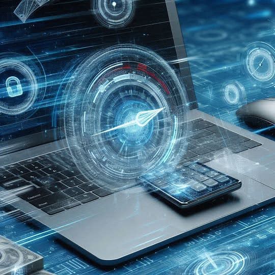 Illustration futuriste de la vitesse de traitement e-commerce, avec un ordinateur portable affichant un tachymètre numérique symbolisant la rapidité des calculs en e-commerce.