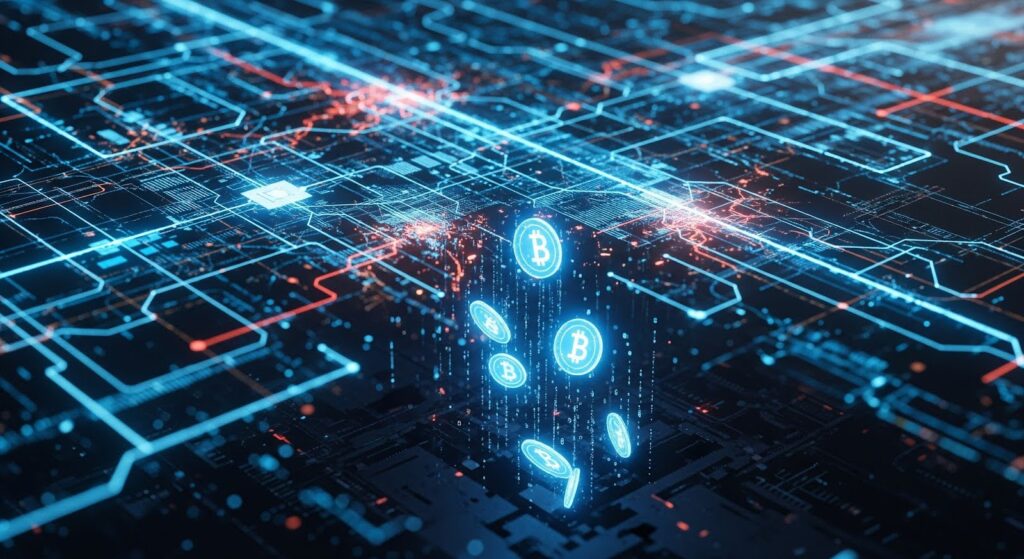 Réseau numérique futuriste avec circuits lumineux et flux de données, illustrant les coûts cachés des recommandations ratées en e-commerce.