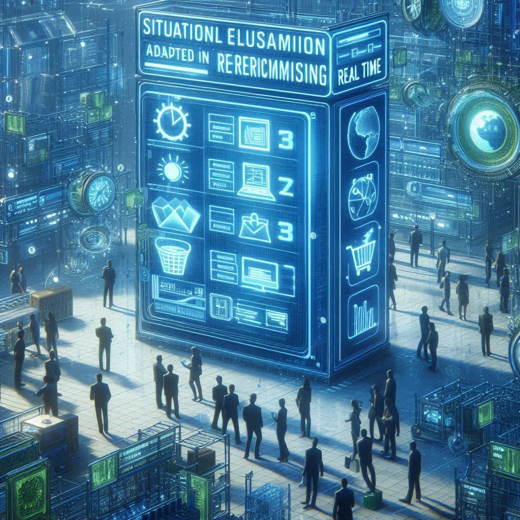 Visuel futuriste représentant un écran géant de données en temps réel sur le e-merchandising situationnel, entouré de visiteurs dans un univers digital.