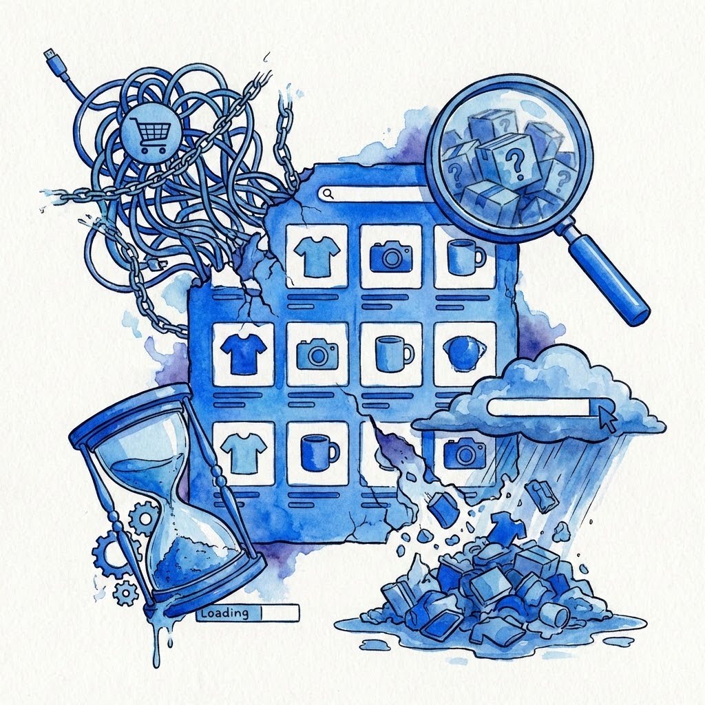 Illustration d’une PLP e-commerce dégradée : grille produits fissurée, filtres emmêlés, loupe sur des articles introuvables, sablier et éléments cassés symbolisant la perte silencieuse de performance des listes produits.