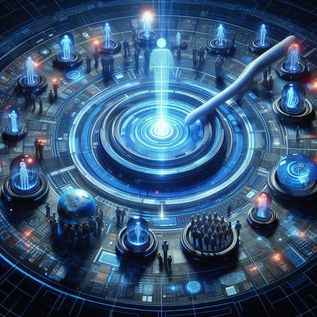 Illustration futuriste d’un individu unique émergeant d’un réseau numérique circulaire, symbolisant le passage de la personnalisation de masse à la singularisation et la fin de la segmentation client.