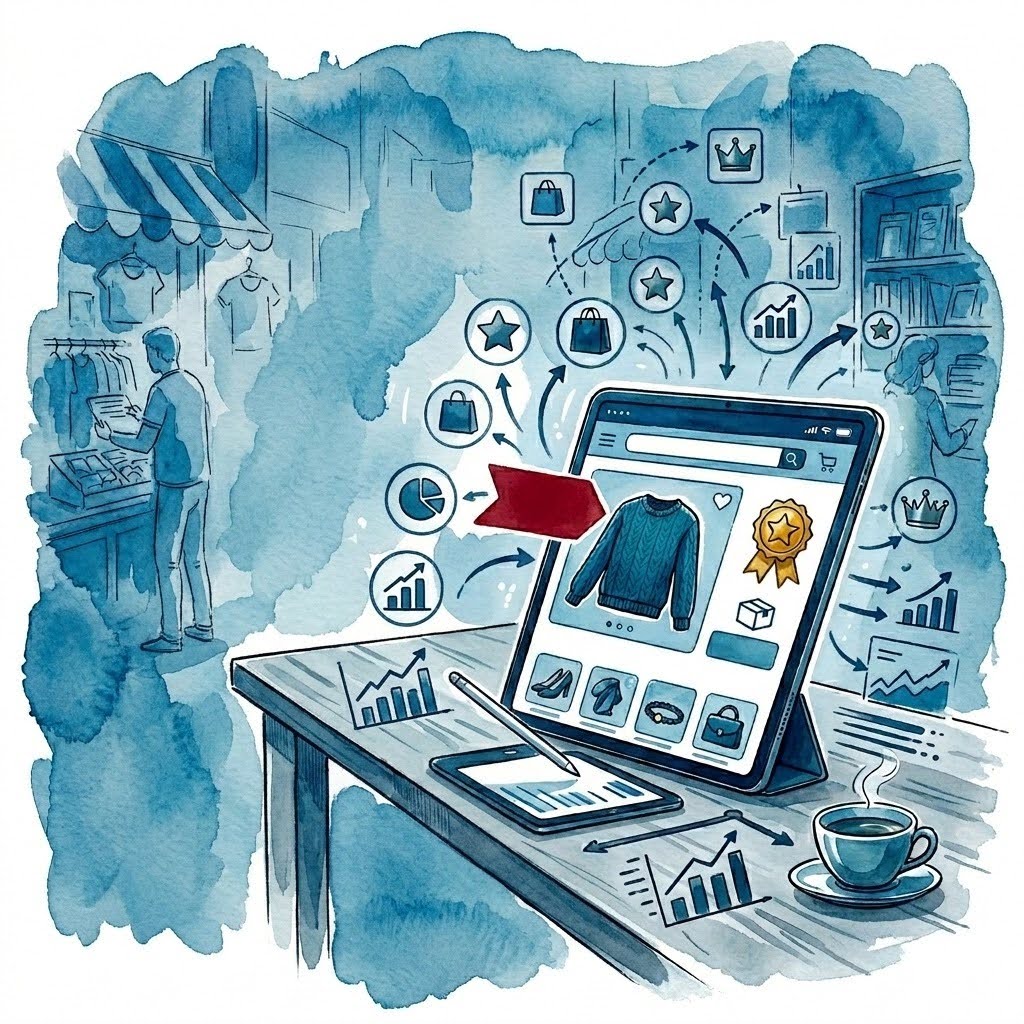 Illustration aquarelle d’un environnement e-commerce montrant une tablette affichant une boutique en ligne avec recommandations produits personnalisées, entourée de flux de données, symbolisant la personnalisation temps réel et le pilotage commercial.